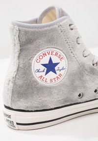 Szare wysokie trampki Converse All Star z futrzaną fakturą, białą gumową podeszwą i niebieską łatą gwiazdy po boku.