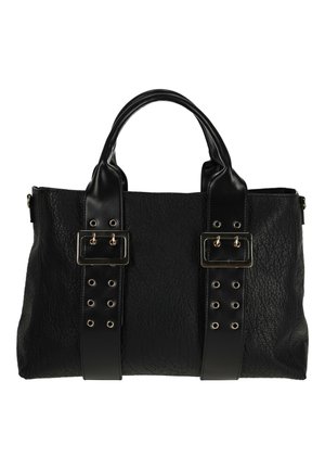 Zwarte leren handtas met twee korte handvatten, gestructureerd lichaam en twee verticale riemen met grote zilveren gespen en meerdere oogjes.