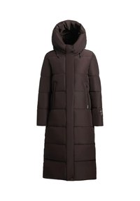 Manteau d'hiver long marron avec une grande capuche, matelassage horizontal, deux poches avant et une fermeture éclair. Tissu lisse et résistant à l'eau.