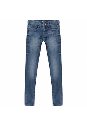 Slim-fit blauwe jeans van denim. Voorzien van een knoopsluiting, vijf zakken en een lichte vervaging voor een versleten uitstraling.