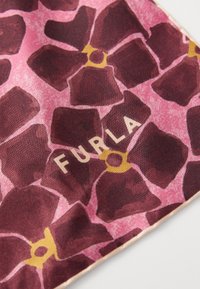 Silk scarf featuring a pink background with dark burgundy floral patterns and a gold accent. Brand name "FURLA" is printed in white.