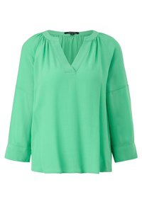 Blouse verte à manches longues avec encolure en V, détails froncés aux épaules, et coupe ample, taille 36.