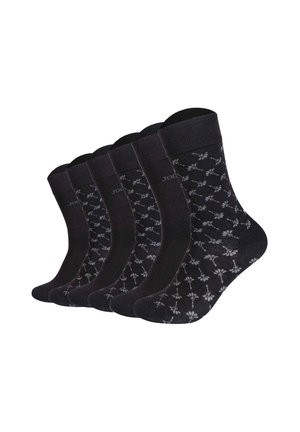 Five pairs of black dress socks with a subtle light gray floral pattern arranged in a fanned-out row.