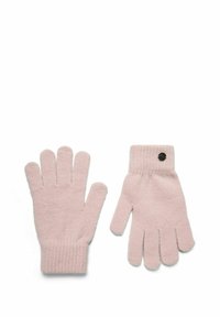 Guanti di lana rosa chiaro con cinque dita, polsini a coste e un bottone nero decorativo su un guanto. Texture morbida e design senza cuciture.