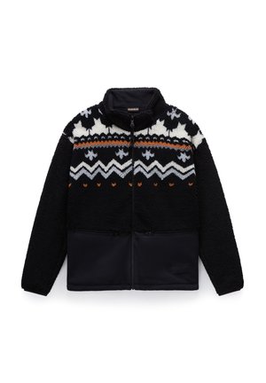 Black fleece jacket with patterned upper featuring white, gray, and orange details. Zippered front, high collar, and two lower pockets.