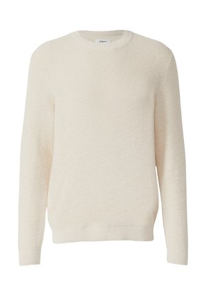 Crème gebreide trui met een textuur en geribbelpatroon, ronde halslijn, lange mouwen en geribde manchetten en onderkant. Lichtgewicht en casual ontwerp.