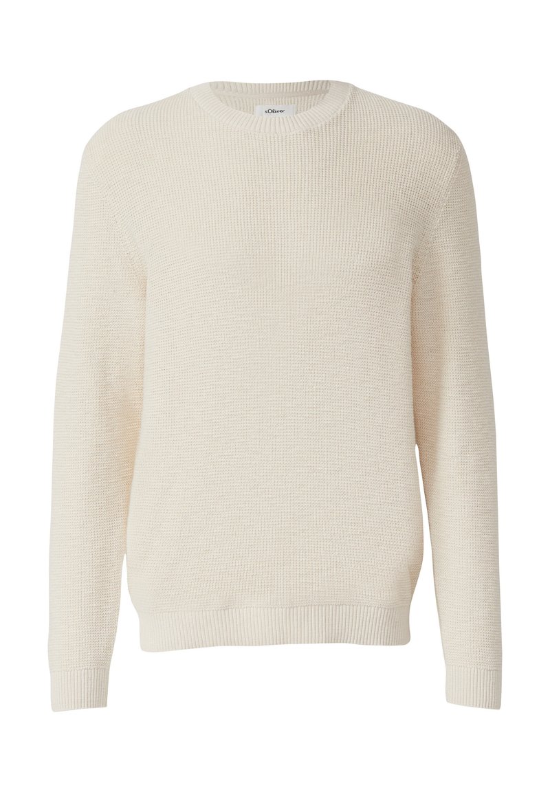 Cremfarbener Strickpullover mit strukturiertem, geripptem Muster, Rundhalsausschnitt, langen Ärmeln sowie gerippten Säumen und Bündchen. Leicht und lässig im Design.
