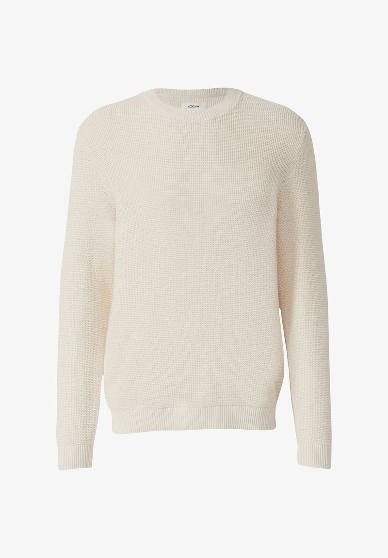 Cremfarbener Strickpullover mit strukturiertem, geripptem Muster, Rundhalsausschnitt, langen Ärmeln sowie gerippten Säumen und Bündchen. Leicht und lässig im Design.