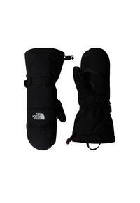Fekete szigetelt kesztyűk, texturált tenyérrel, állítható pánttal és elasztikus mandzsettával. Jellemzője a "The North Face" logó fehér színben.