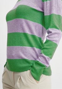 Maglione a righe verde e lavanda con maniche lunghe, realizzato in morbido tessuto a maglia. Presenta polsini e orlo a coste, con una vestibilità rilassata.
