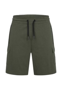 Zöld cargo shorts könnyű szövetből, rugalmas derékkal, húzózsinórral és két oldalsó cipzáras zsebbel.
