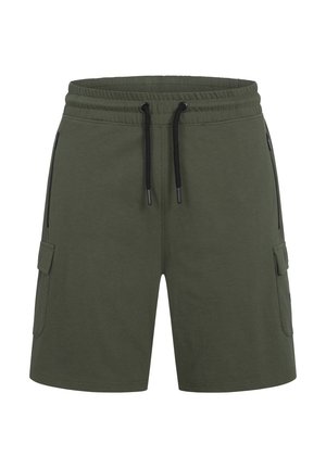 Pantaloni cargo verdi realizzati in tessuto leggero, con vita elastica, coulisse e due tasche laterali con zip.