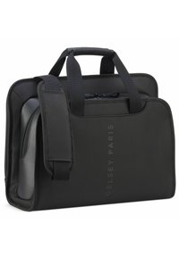 La borsa per laptop nera presenta un esterno durevole e strutturato, due manici superiori, una tracolla staccabile e un compartimento principale con zip.