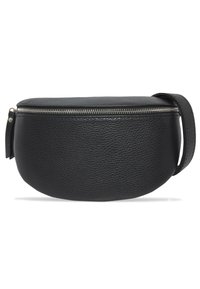 Schwarze Ledertasche mit runder Form, strukturiertem Material, Reißverschluss oben und einem einzelnen verstellbaren Tragegurt auf der einen Seite.