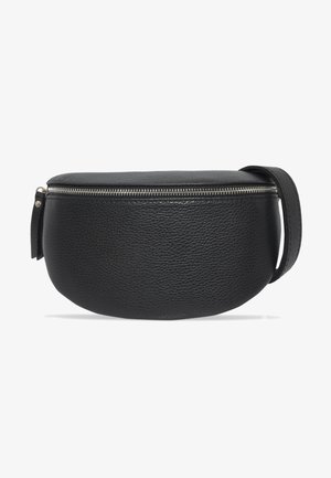 Schwarze Ledertasche mit runder Form, strukturiertem Material, Reißverschluss oben und einem einzelnen verstellbaren Tragegurt auf der einen Seite.