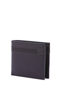 Zwarte leren portemonnee met een gladde textuur, heeft meerdere kaartslots en een subtiele reliëflogo aan de voorkant. Vouwontwerp.