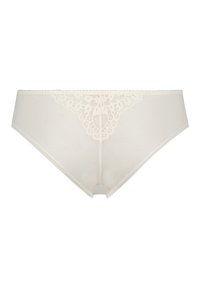 Beige slipjes met kantafwerking, voorzien van een bloemenpatroon aan de voorkant, gemaakt van zachte mesh stof met een soepele tailleband.