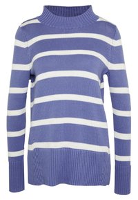 Gestrickter Pullover in Hellpurpur mit weißen horizontalen Streifen. Besitzt einen gerippten Stehkragen und Bündchen, strukturierte Stoffe und seitliche Schlitze.