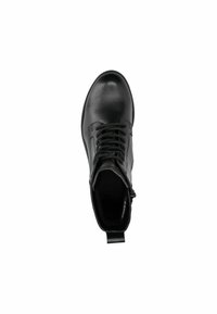 Black leather ankle boot featuring a round toe, lace-up front, and side zipper. Smooth texture with minimal accents.