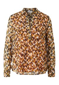 Blusa a maniche lunghe realizzata in tessuto trasparente, caratterizzata da un motivo astratto in tonalità terrose di marrone, arancione e bianco. Collo con una chiusura a bottoni.