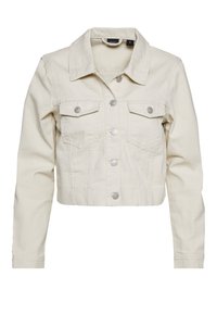 Chaqueta de mezclilla beige recortada con botones a presión plateados, dos bolsillos en el pecho y un cuello estructurado. Textura suave y diseño ajustado.