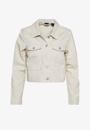 Lyhyt vaalean beige farkkutakki, jossa on hopeanväriset nepparit, kaksi rintataskua ja muotoiltu kaulus. Sujuva rakenne ja räätälöity muotoilu.