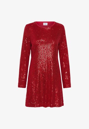 Red sequined dress with long sleeves, round neckline, and a relaxed fit. The fabric features a shimmering texture with a uniform sequin pattern.