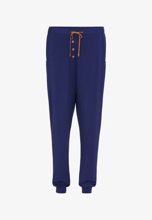 Pantalon de jogging bleu marine avec cordon de serrage orange et trois boutons en bois à la taille, doté de poignets élastiques et de poches latérales.