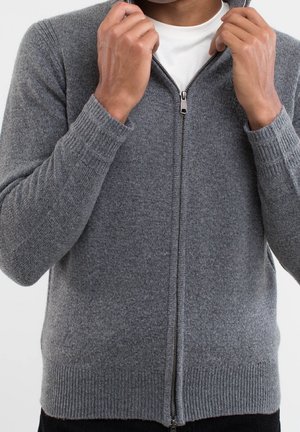 Uomo che indossa un maglione grigio in lana con zip sopra una maglietta bianca, tenendo il colletto con entrambe le mani su uno sfondo semplice.