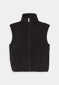 Svart ärmlös väst gjord av mjukt tyg, med hög krage och framdragkedja. Inga synliga fickor eller mönster.