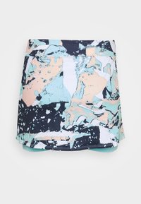 Mönstrad kjol i flera färger med ett abstrakt mönster i pastellrosa, teal och marinblått. Gjord av elastiskt tyg, med en åtsittande midja och utsvängd nederkant.