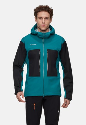 Wasserabweisende Jacke mit einem teal-farbenen Oberteil und schwarzen Ärmeln, zwei mit Reißverschluss versehenen Brusttaschen und einer Kapuze. Hergestellt aus strapazierfähigem Stoff.