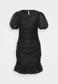 Robe noire mini avec des manches bouffantes, des détails froncés, un tissu texturé et un ourlet à volants. Se ferme avec une fermeture éclair à l'arrière.