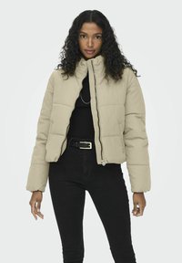 Beige puffjakke med høy krage, glidelås og kviltet design. Bært med en svart topp og svarte høytaljede bukser.