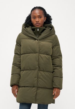 Olive green puffer coat with a large hood, zip closure, and boxy shape. Features quilted design with visible stitching and textured fabric.