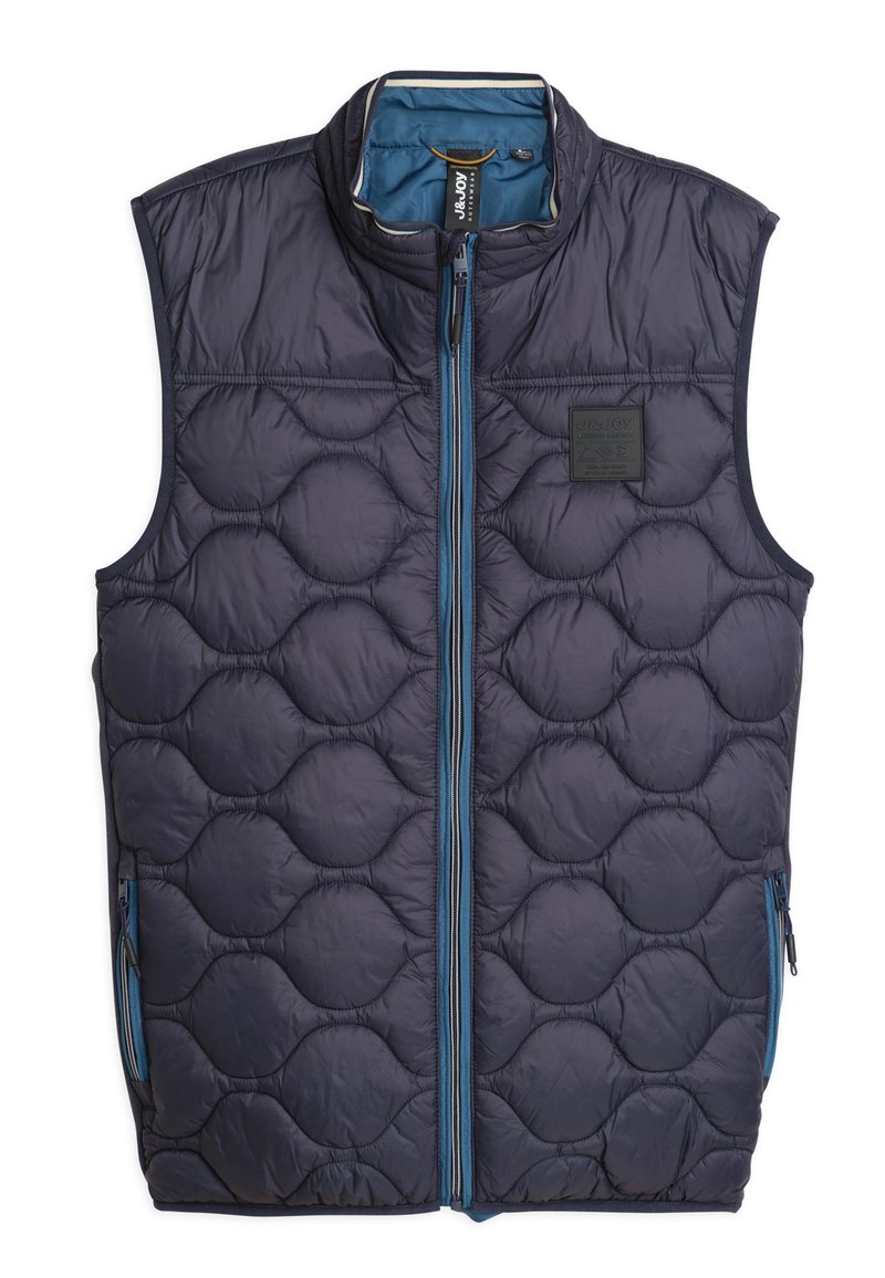 Marineblauwe, gewatteerde vest met een hoge kraag, voorzien van een volledige ritssluiting en twee zijzakken. Accentueert met blauwe ritsen en een logo patch.