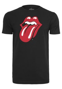 Fekete pamut póló, a mellkasán nagy piros és fehér Rolling Stones nyelv logóval. Rövid ujjú és kerek nyakkivágású.