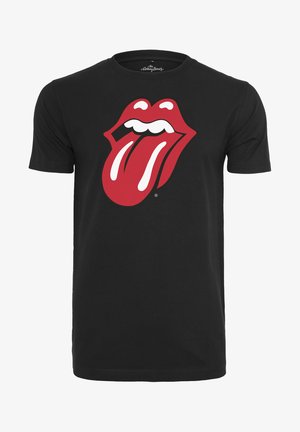 Fekete pamut póló, a mellkasán nagy piros és fehér Rolling Stones nyelv logóval. Rövid ujjú és kerek nyakkivágású.