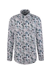Camicia a maniche lunghe con base bianca e motivo floreale denso in tonalità di teal, nero e rosso.