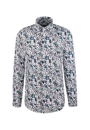Long-sleeve button-up shirt with white base and dense floral pattern in teal, black, and red tones.