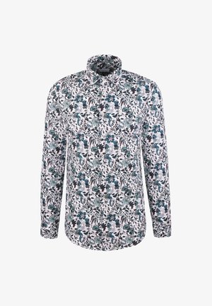 Langdurige blouse met lange mouwen in een witte basis en een dichte bloemenpatroon in teal, zwart en rode tinten.