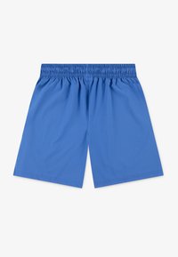 Modré sportovní šortky vyrobené z lehkého materiálu, s elastickým pasem, volným střihem a hladkým povrchem bez viditelných vzorů nebo akcentů.