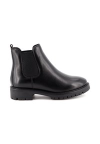 Stivaletto in pelle nera con pannelli elastici laterali, punta arrotondata e suola in gomma testurizzata. Anello posteriore per una vestibilità facile.