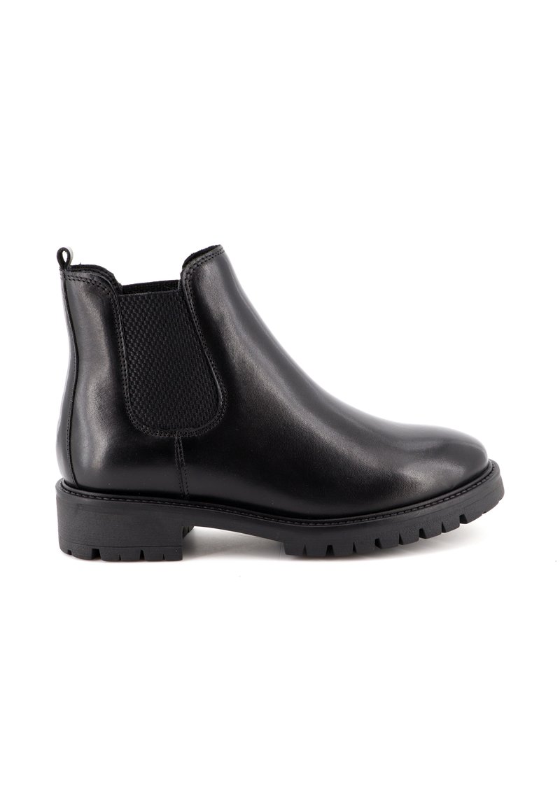 Stivaletto in pelle nera con pannelli elastici laterali, punta arrotondata e suola in gomma testurizzata. Anello posteriore per una vestibilità facile.