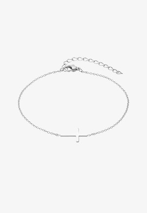 Srebrna bransoletka łańcuszkowa z prostym zawieszeniem w kształcie krzyża, gładka tekstura, regulowane zapięcie z przedłużkami umożliwiającymi dostosowanie rozmiaru.