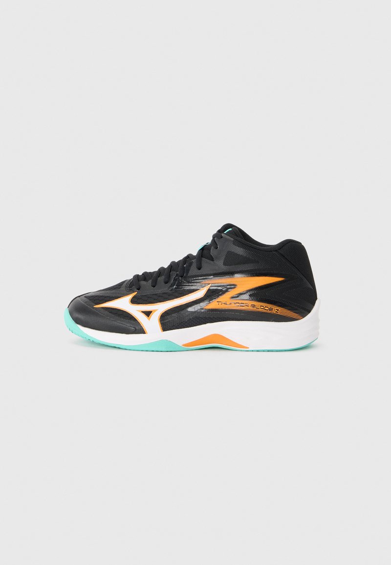 Black athletic shoe featuring an orange and turquoise design, sleek shape, mesh texture, and a non-marking rubber outsole.