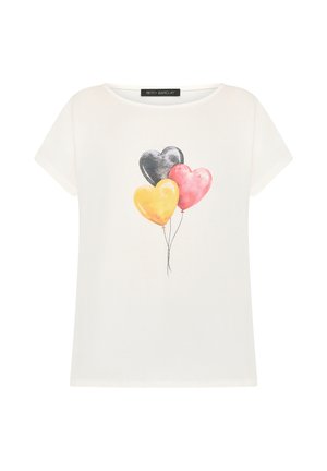 Hvid kortærmet skjorte med grafik af tre hjerteformede balloner i sort, pink og gul centreret på fronten.