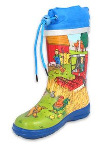 Rubberen regenlaars met een blauwe bovenkant en een groene basis. Bevat kleurrijke boerderijscènes, inclusief dieren en een boer, met een gestructureerd oppervlak.