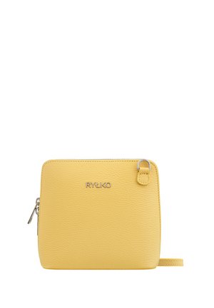 Yellow leather zippered pouch with a textured surface, featuring a silver logo and detachable strap for versatile carrying options.