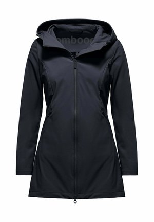 Giacca nera con cappuccio e maniche lunghe, chiusura frontale con cerniera e tasche laterali con cerniera, vestibilità sagomata e orlo leggermente svasato.